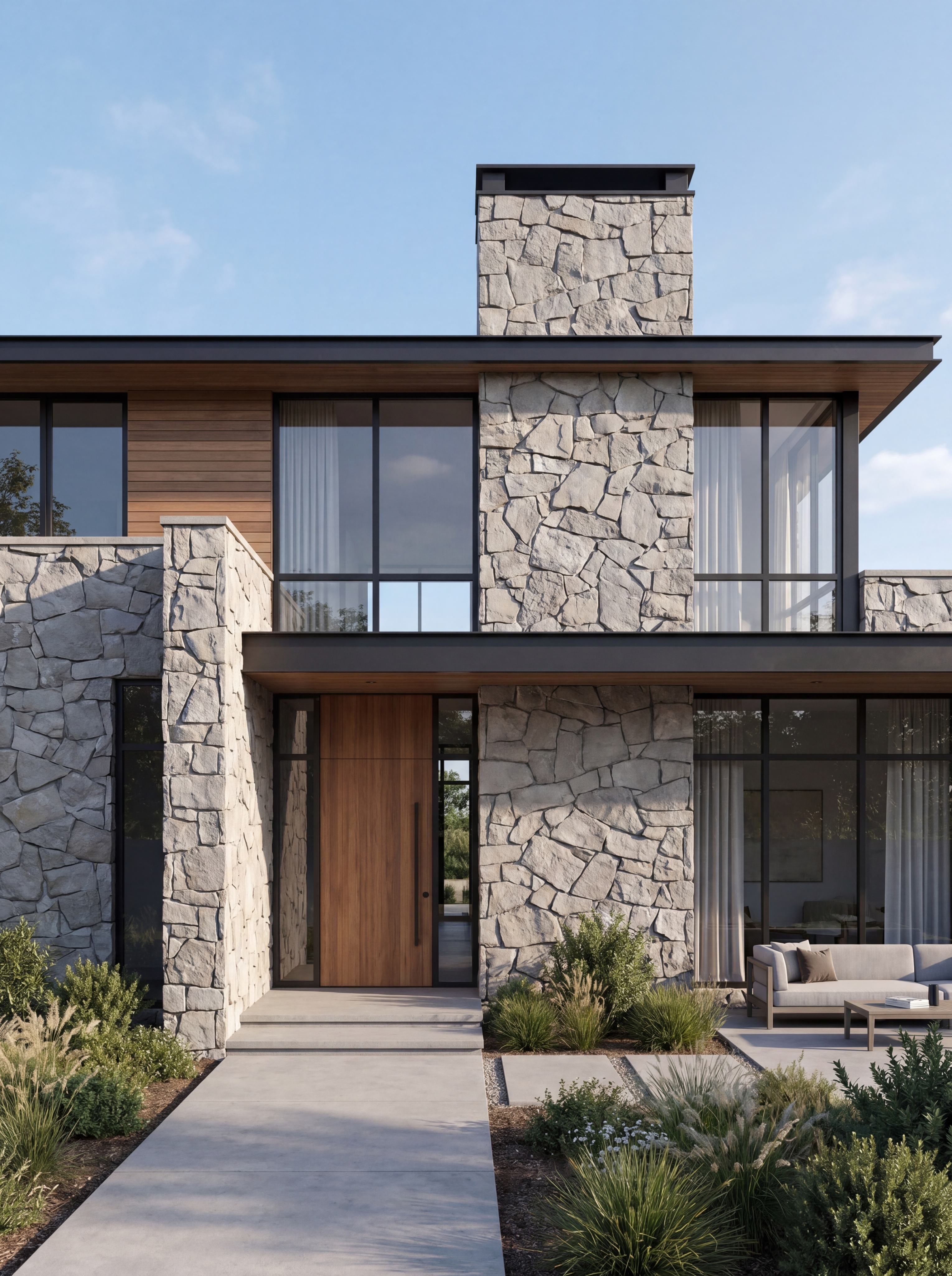 Architectural visualisation: blue-grey limestone, irregular format, natural split-face surface