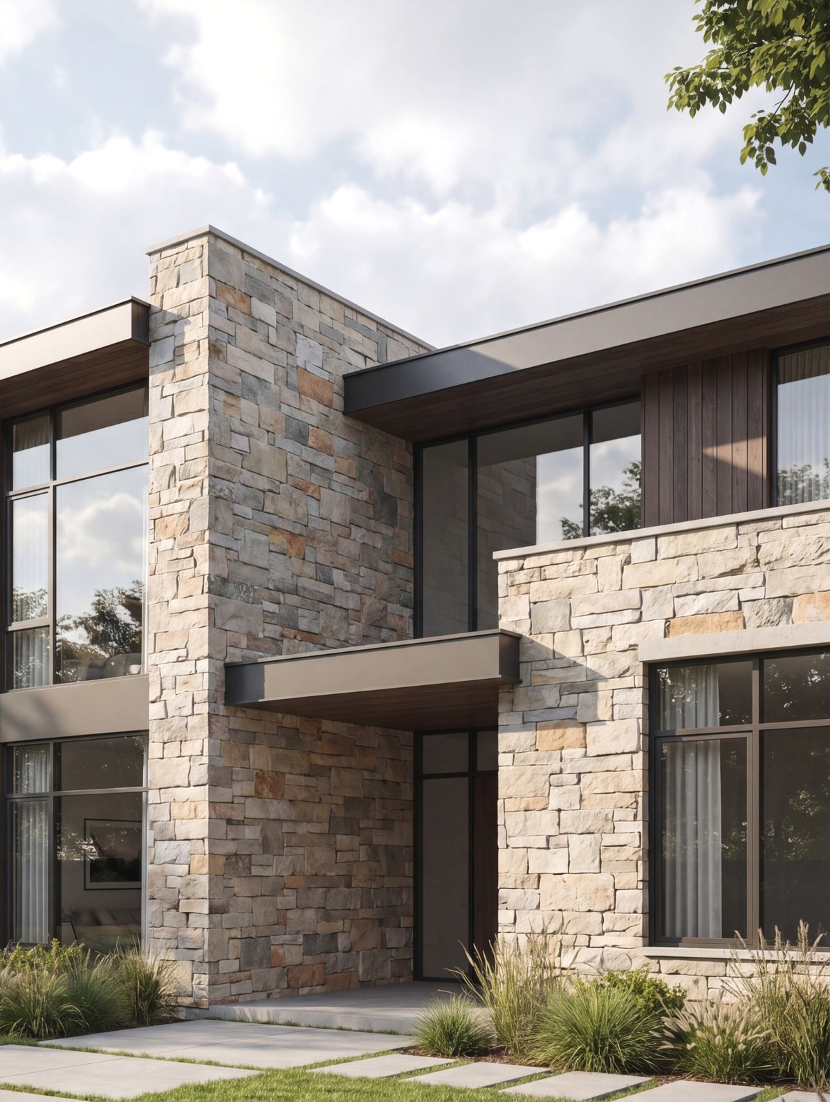 Architectural visualisation: mixed grey and tan limestone, multiformat format, natural split-face surface