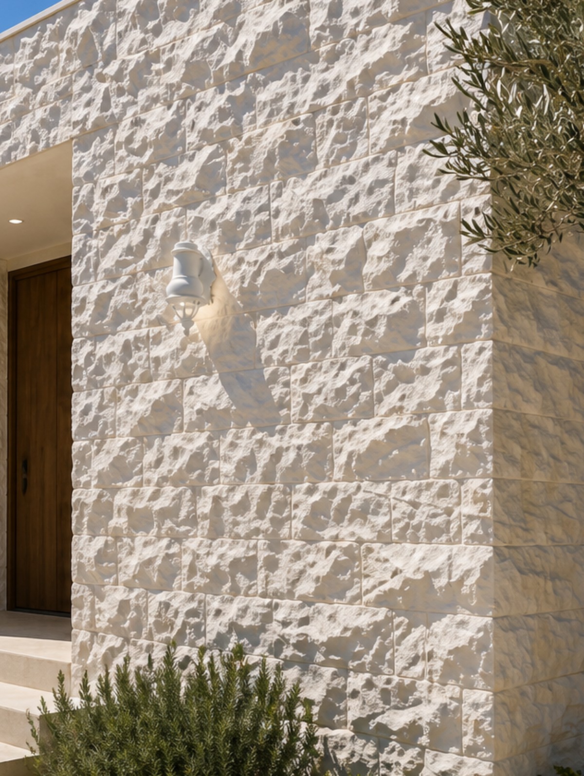 Ivory limestone, rectangular format, hand-chiseled surface